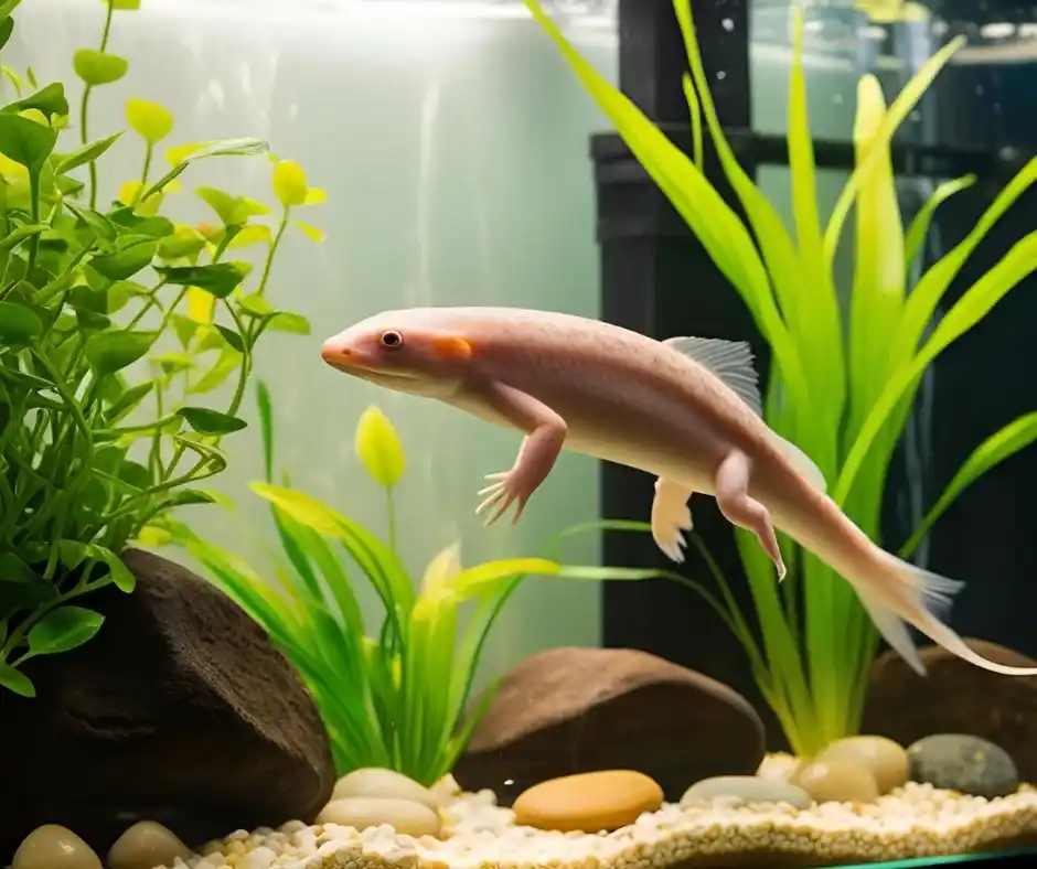 Axolotl Axolotl albino nadando en un acuario limpio con plantas acuáticas