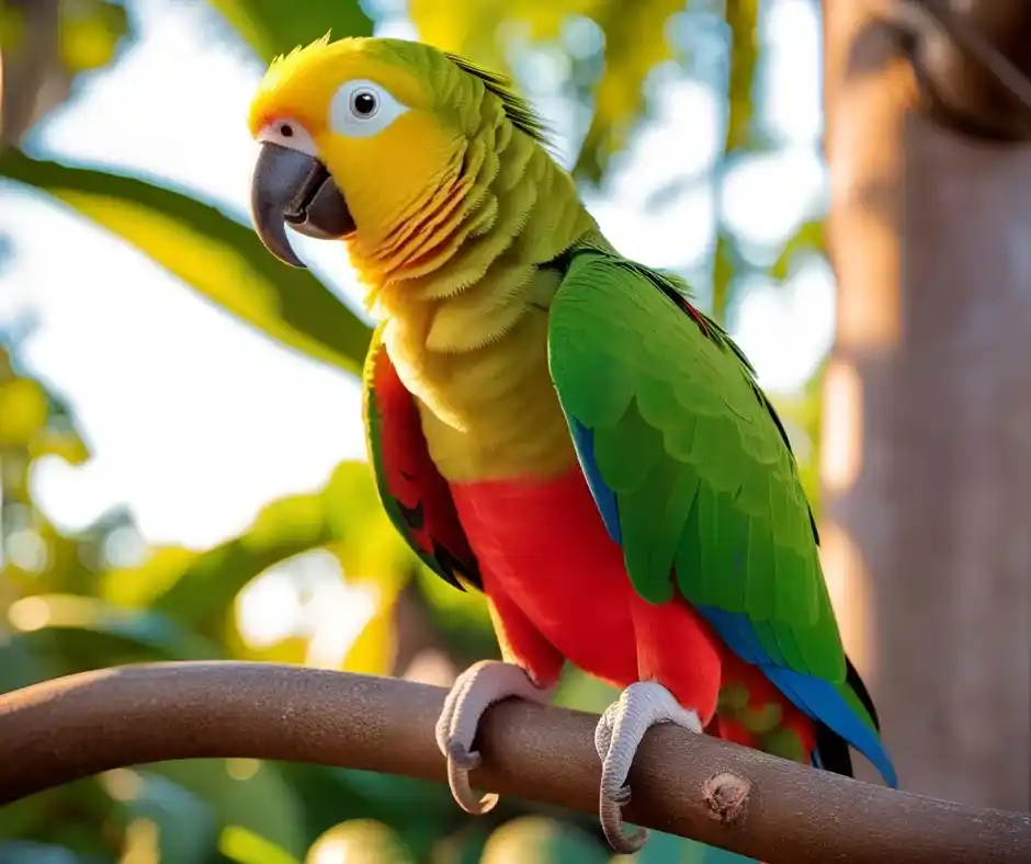 Lorito-Eclectus Lorito Eclectus macho de plumaje verde brillante posado en una percha