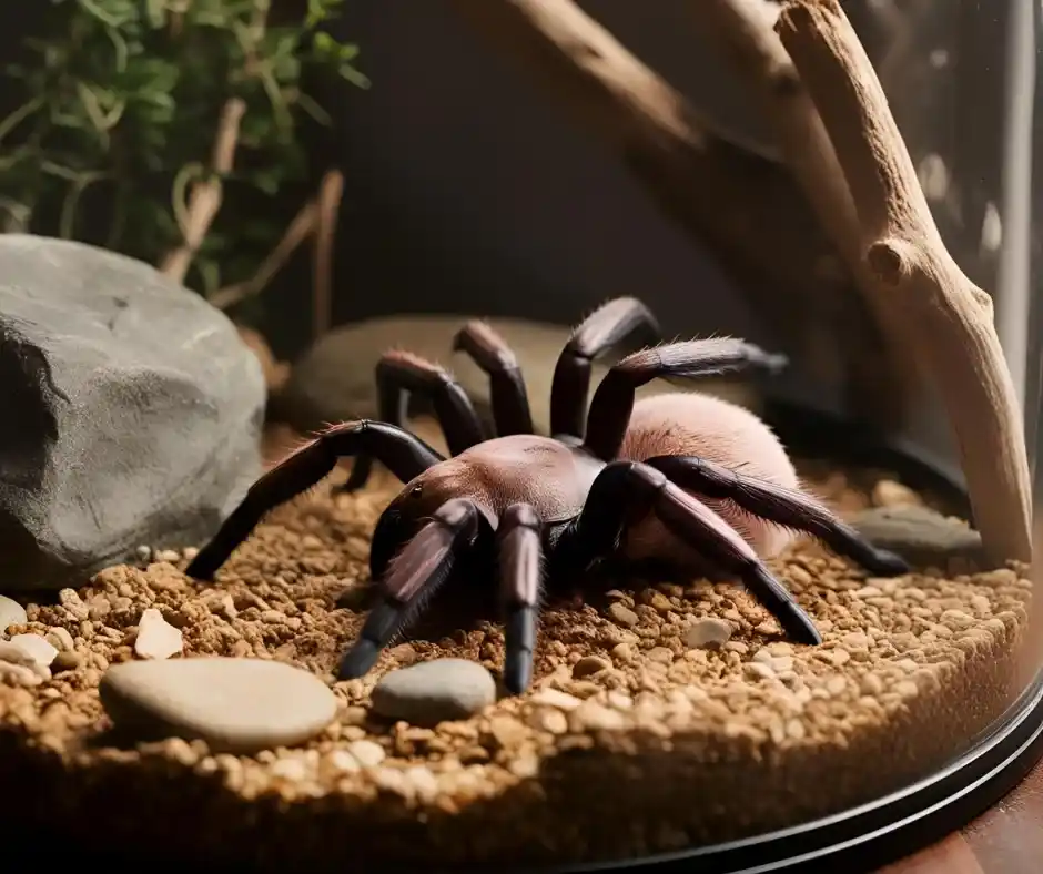Tarantula-Rosa-Chilena Tarántula chilena de color rosado oscuro sobre sustrato seco